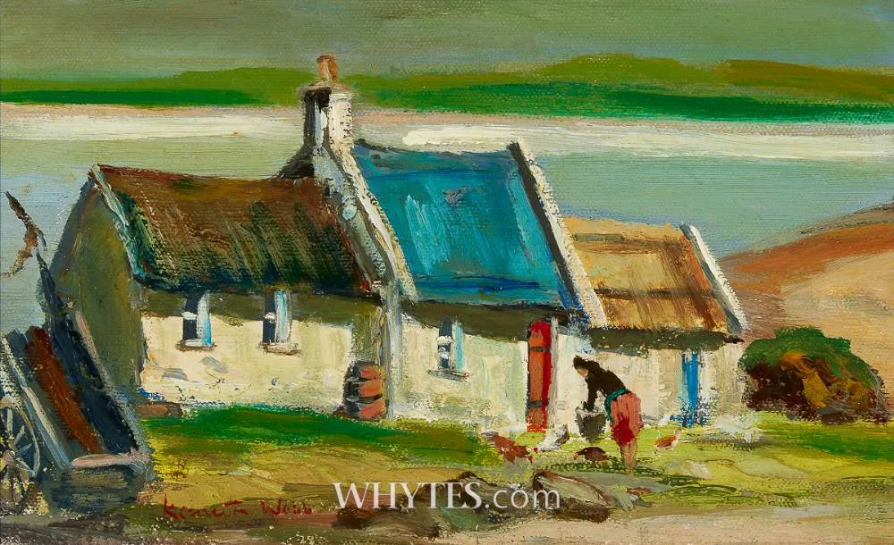FIGURE WITH COTTAGE by Kenneth Webb, oil on canvas board, offered Oct 2025