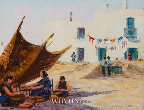 BAITING THE LINES, VINAROZ, SPAIN by Fergus O'Ryan, oil on board, offered Oct 2025