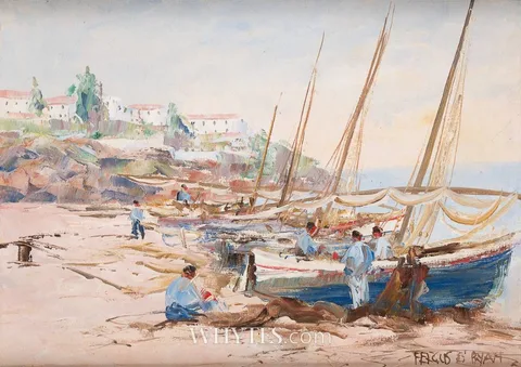 Fergus O'Ryan, PREPARING NETS, oil on canvas laid on board