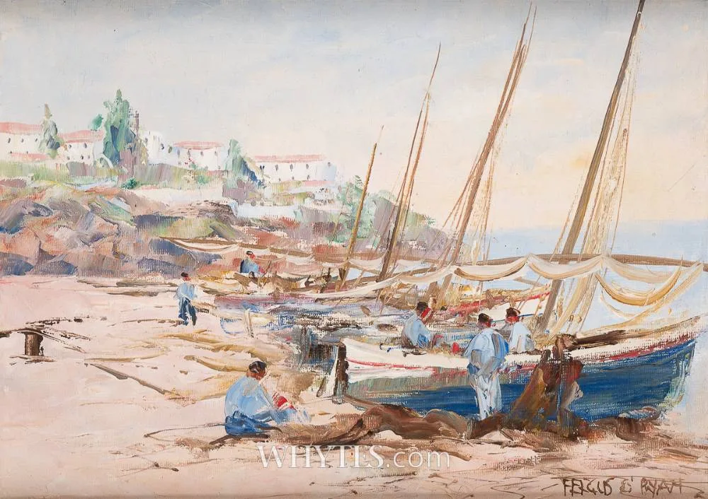 PREPARING NETS by Fergus O'Ryan, oil on canvas laid on board, offered Oct 2025