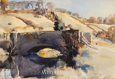 BRIDGE WITH COTTAGES IN THE DISTANCE by Tom Nisbet, watercolour, offered Oct 2025
