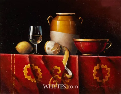David Ffrench le Roy, STILL LIFE WITH EARTHENWARE AND LEMONS, oil on board