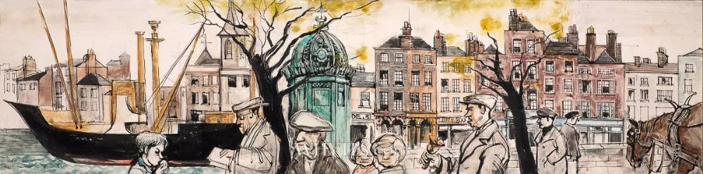 Muriel Brandt, DUBLIN SCENE, mixed media on board