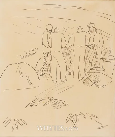 Elizabeth Rivers, ARAN FISHERMEN SORTING NETS, pencil