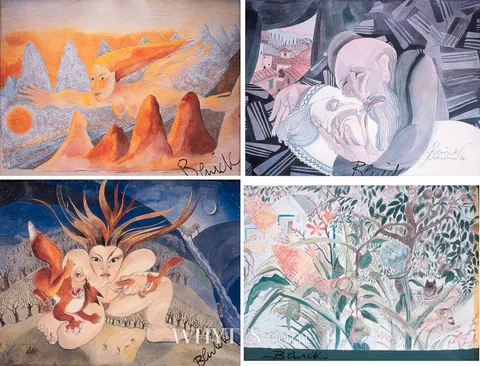 Pauline Bewick, FLYING WOMAN, A DEATH IN FLORENCE, WOMAN FIGHTING FOX AND WEASEL and OUR GARDEN, DOGS AND APPLES [SET OF FOUR], photoprints; (4)