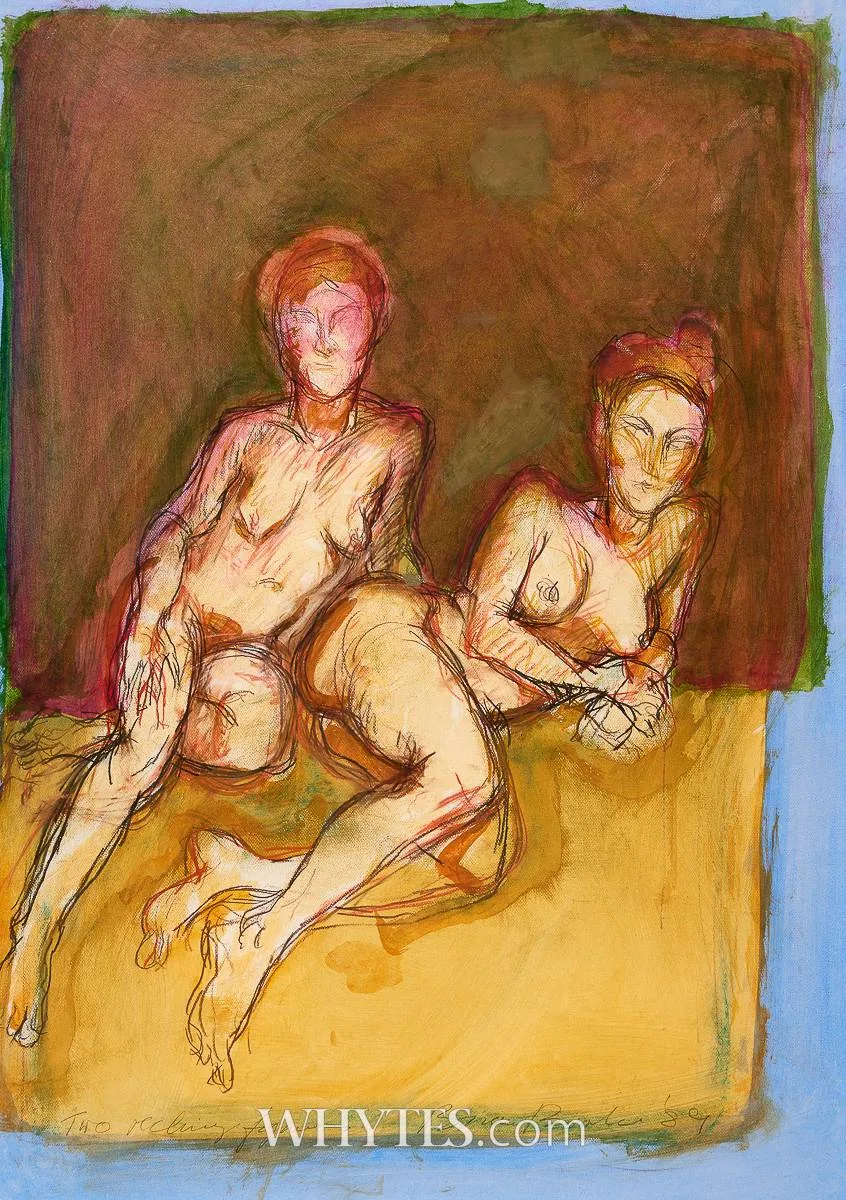 TWO RECLINING FIGURES by Brian Bourke, 1989, mixed media on board, sold Oct 2025