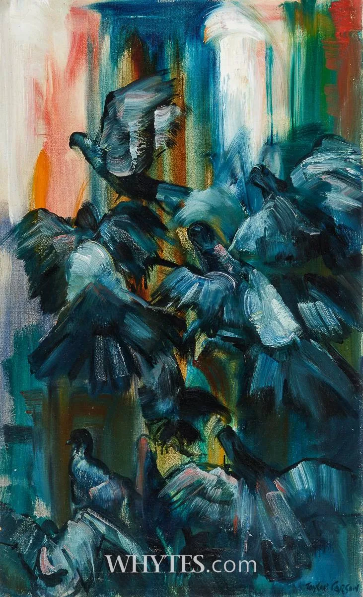 PIGEONS IN FLIGHT by Robert Taylor Carson, 1967, oil on canvas, offered Oct 2025