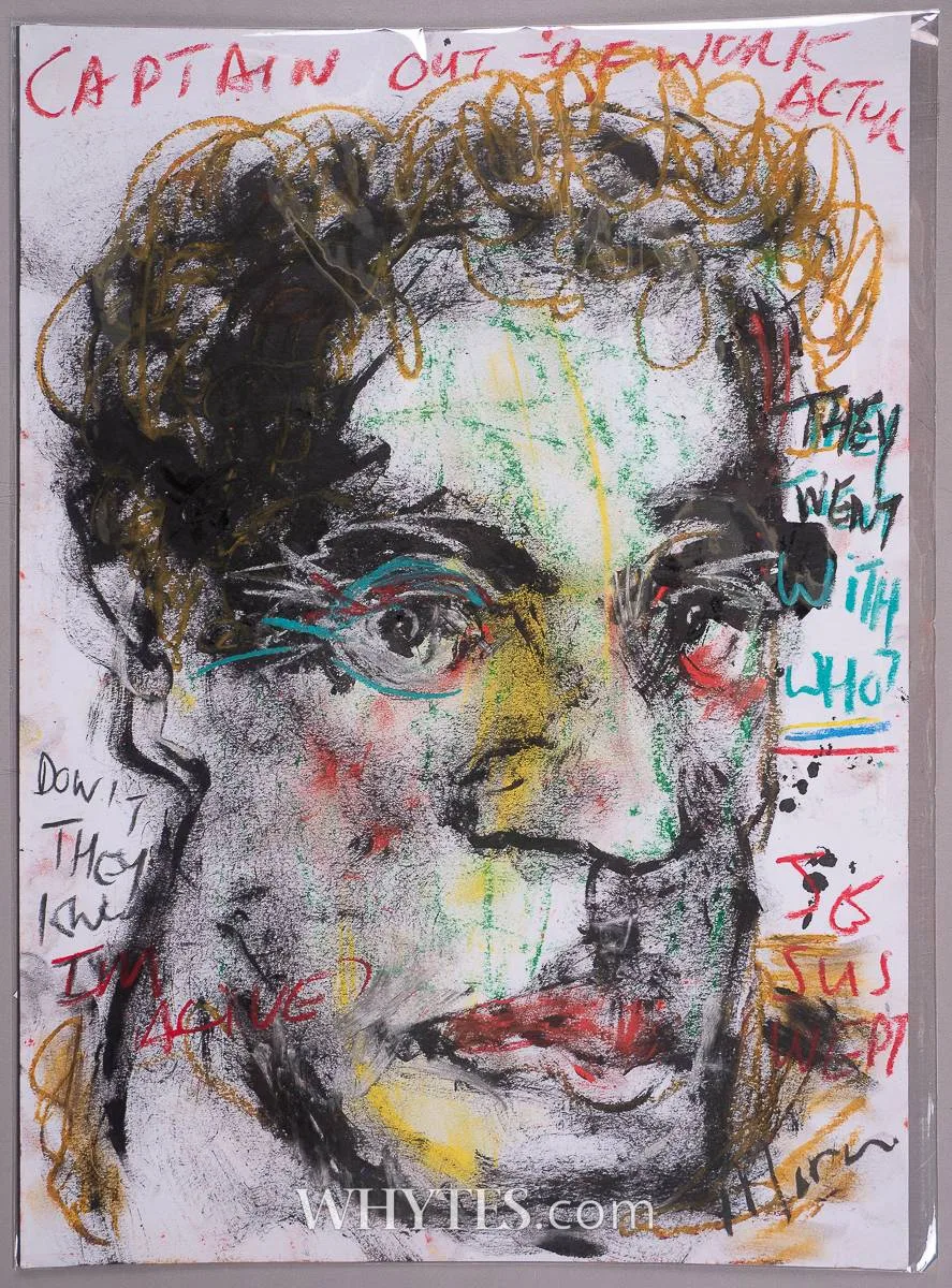 CAPTAIN OUT OF WORK ACTOR by Dylan Moran, 2025, mixed media on paper; (unframed), sold Oct 2025