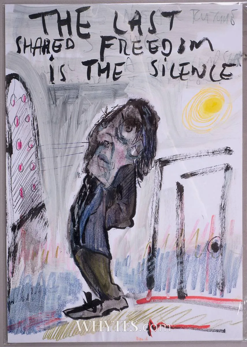 Dylan Moran, THE LAST SHARED FREEDOM IS THE SILENCE, 2023, mixed media on board; (unframed)