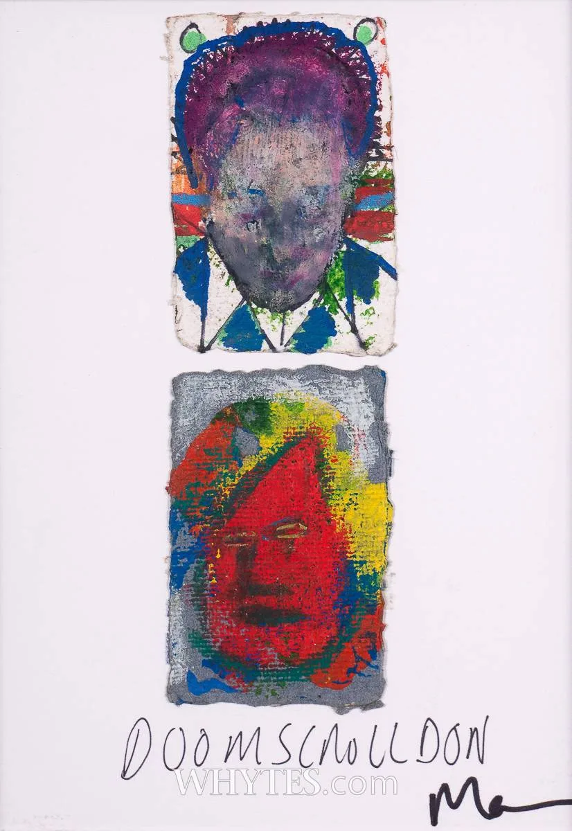 Dylan Moran, DOOMSCROLLDOM, mixed media on paper; (2); (framed together)