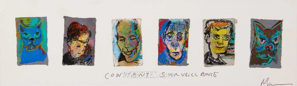 Dylan Moran, CONSTANT SURVEILLANCE, mixed media on paper; (6); (framed together)