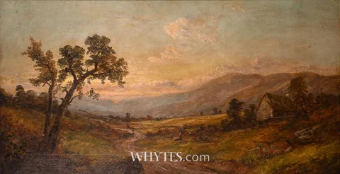 William McEvoy, COUNTRYSIDE SCENE WITH COTTAGE AND MOUNTAINS, oil on canvas