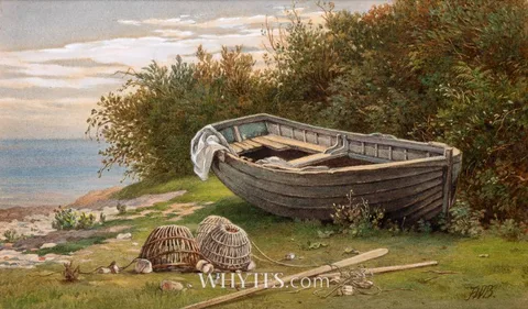 Frederic William Burton, SAILBOAT AND LOBSTER POTS, watercolour