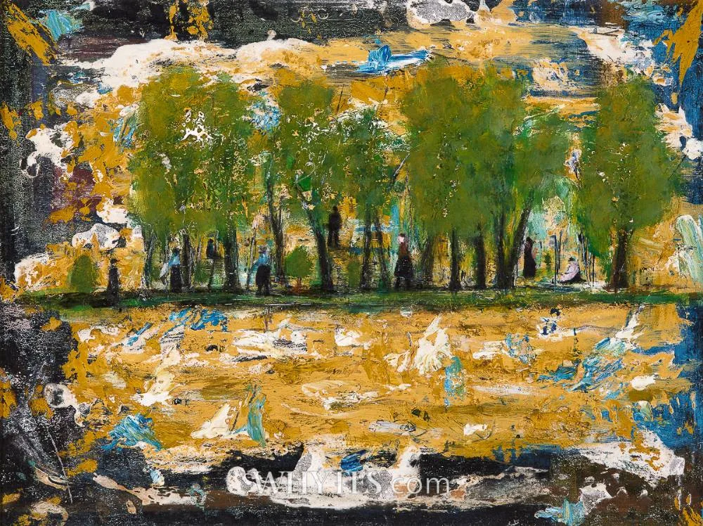FIGURES IN A FOREST LANDSCAPE by Arthur Power, oil on board, offered Oct 2025