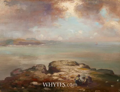 George Russell, COASTAL LANDSCAPE WITH TWO FIGURES ON A HEADLAND, oil on canvas