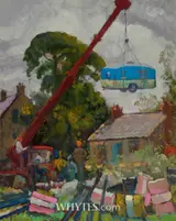 Patrick Leonard, HOISTING CARAVAN OVER COTTAGE INTO BACK GARDEN, SKERRIES, COUNTY DUBLIN