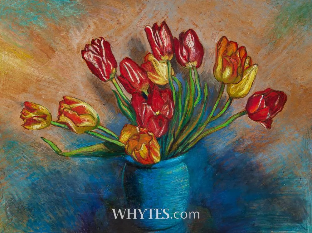 TULIPS [IN A VASE] by Harry Kernoff, 1971, oil pastel and oil on board, offered Sep 2025