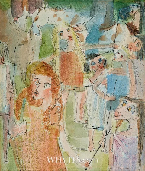 TINKER CHILDREN AT A FAIR by Louis le Brocquy, 1946, watercolour with ink, sold Sep 2025