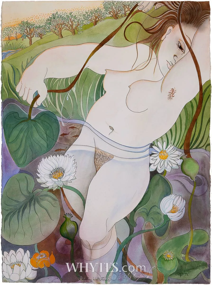 PULLING WATERLILIES by Pauline Bewick, 1996, watercolour over pen and ink, sold Sep 2025