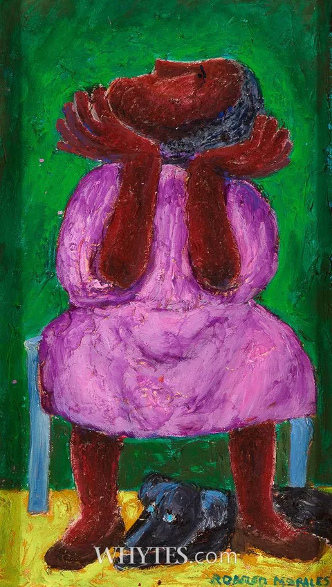 WOMAN WITH SEATED DOG by Rodolfo Morales, oil on board, sold Sep 2025