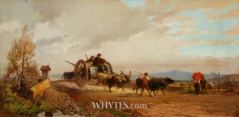Hermann David Salomon Corrodi, RURAL SCENE WITH BULLOCK TEAM, oil on panel