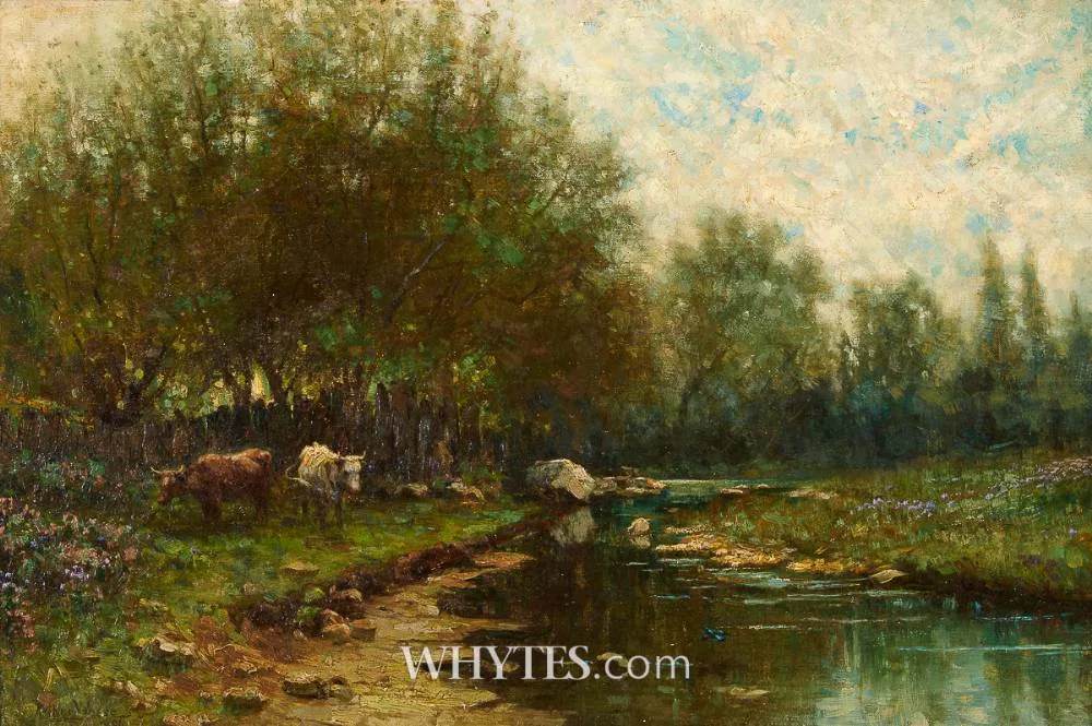 CATTLE BY A STREAM by Arthur Wasse, 1896, oil on canvas, offered Sep 2025