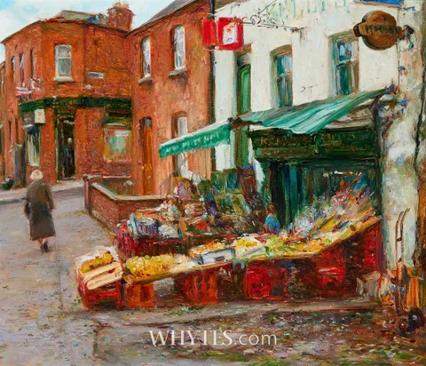 A SMALL VEGETABLE SHOP, MAIN STREET, CHAPELIZOD, DUBLIN by Paul Kelly, 2001, oil on canvas, sold Sep 2025