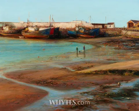 SUNDAY AFTERNOON STROLL, SKERRIES HARBOUR by Paul Kelly, 2001, oil on canvas, sold Sep 2025