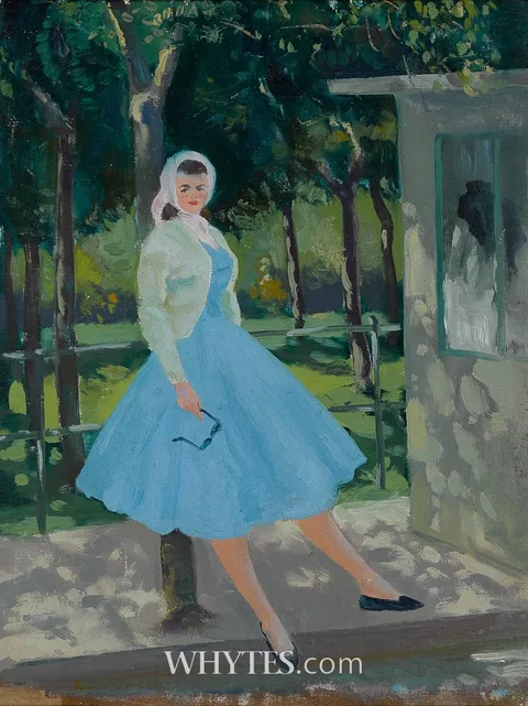 Patrick Leonard, WOMAN IN A BLUE DRESS LEANING BY A TREE, c.1960s, oil on canvas