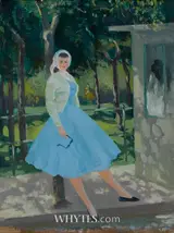 Patrick Leonard, WOMAN IN A BLUE DRESS LEANING BY A TREE, c.1960s