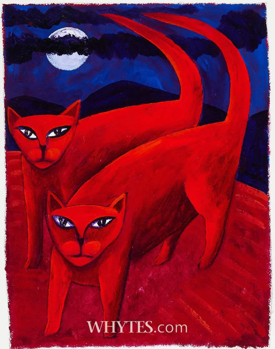 CATS IN THE MOONLIGHT by Graham Knuttel, oil on paper, sold Sep 2025