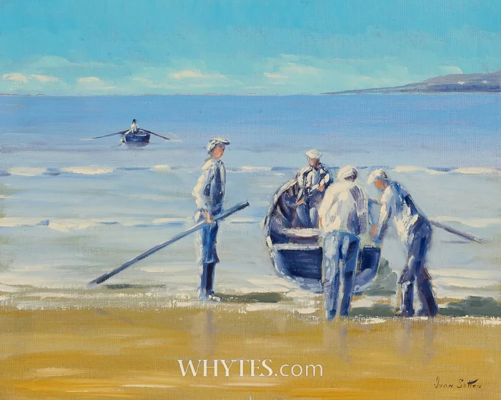 LAUNCHING THE CURRAGH, ARAN MÓR, COUNTY GALWAY by Ivan Sutton, oil on board, sold Jun 2025