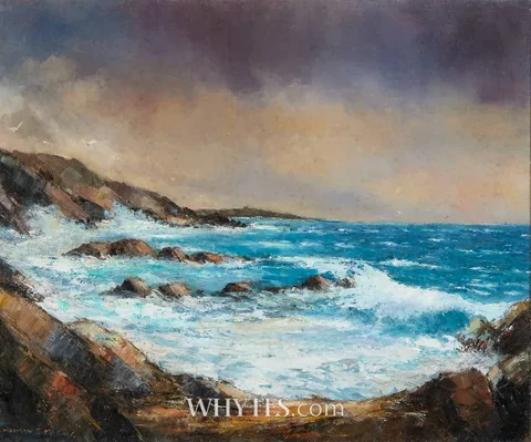HEAVY SEAS, KILLINEY, COUNTY DUBLIN by Norman J. McCaig, oil on canvas, offered Jun 2025