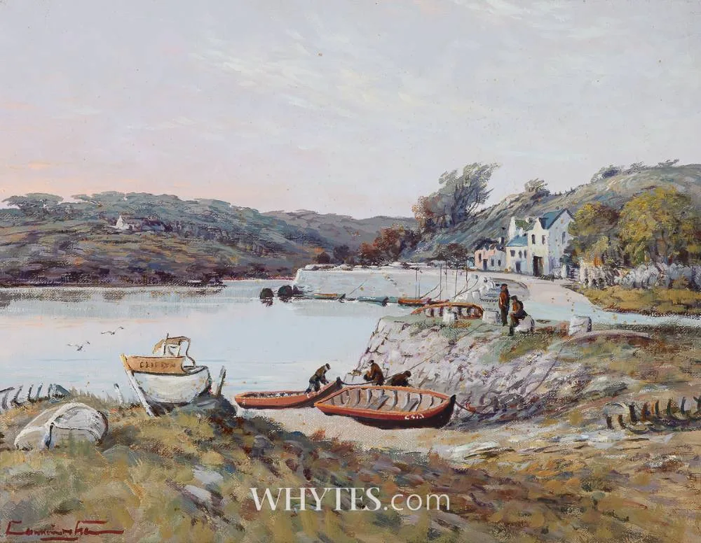 MENDING THE NETS by William Cunningham, oil on canvas, sold Jun 2025
