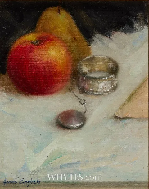 James English, SILVER WITH FRUIT, oil on canvas board