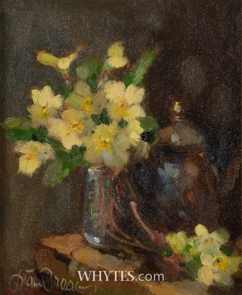 Liam Treacy, PRIMROSES AND COFFEE POT, oil on board