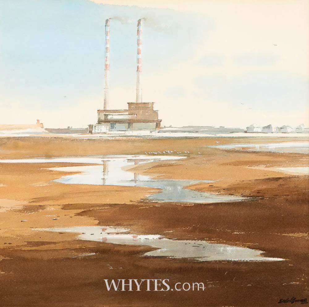 Seán O'Connell, POOLBEG CHIMNEYS FROM SANDYMOUNT STRAND, DUBLIN, watercolour