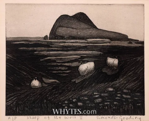 Maria Simonds-Gooding, SHEEP OF THE WEST I, etching; (artist's proof)