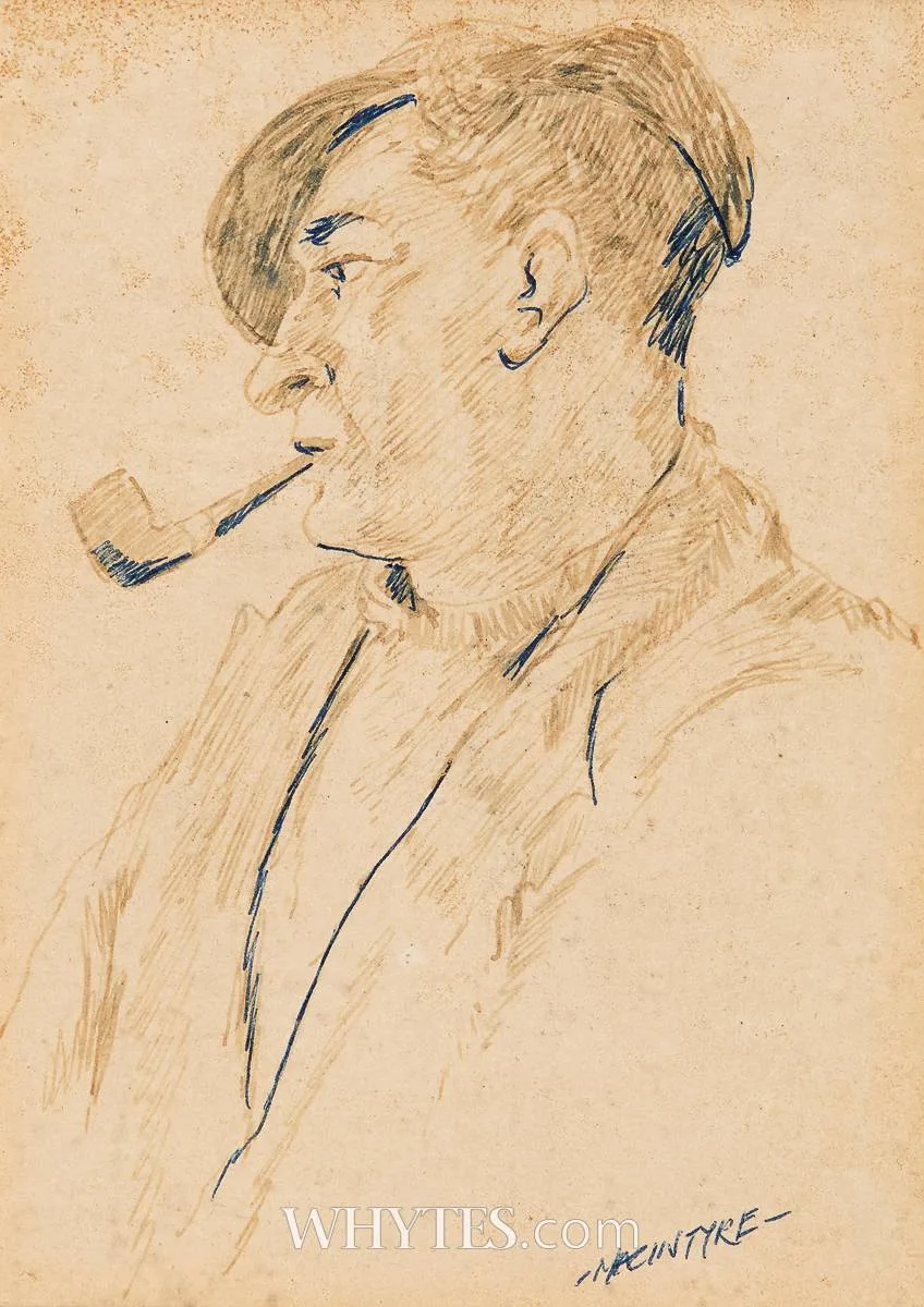 PIPE SMOKER by James MacIntyre, 1941, pen and ink, sold Jun 2025