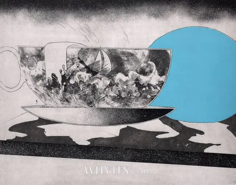 STORM IN A TEA CUP by Micheal Farrell, 1977, lithograph; (no. 73 from an edition of 80), offered Jun 2025