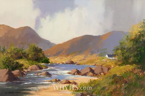 George K. Gillespie, RURAL LANDSCAPE WITH RIVER AND COTTAGE, oil on canvas