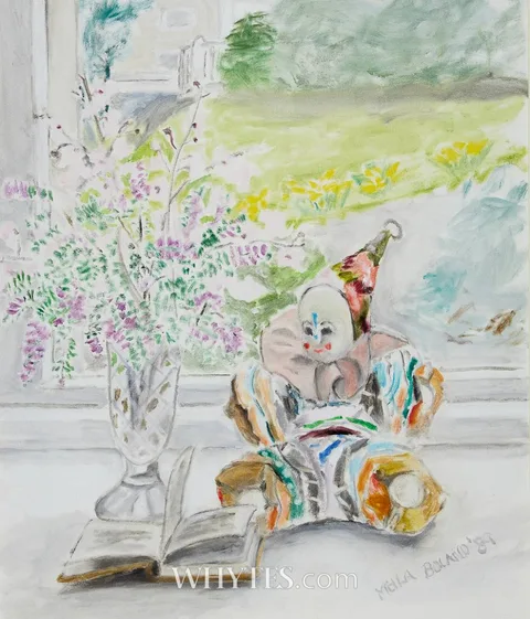 Mella Boland, STILL LIFE WITH DOLL AND FLOWERS, 1989, oil on canvas