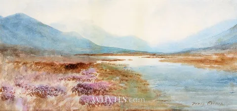 FLOWERING HEATHER BY A BOGLAND RIVER by William Percy French, watercolour, sold May 2025