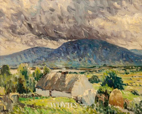 COTTAGE BY A LAKE WITH MOUNTAINS BEYOND, WEST OF IRELAND by Charles Vincent Lamb, oil on canvas, offered May 2025