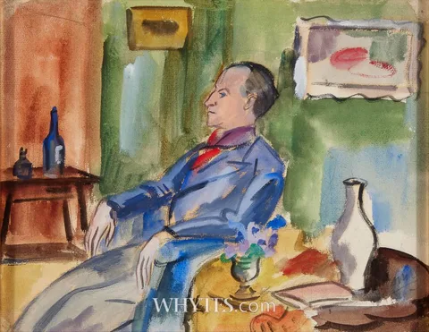 INTERIOR WITH GEORGE JOSEPH FURLONG by Norah McGuinness, gouache, sold May 2025