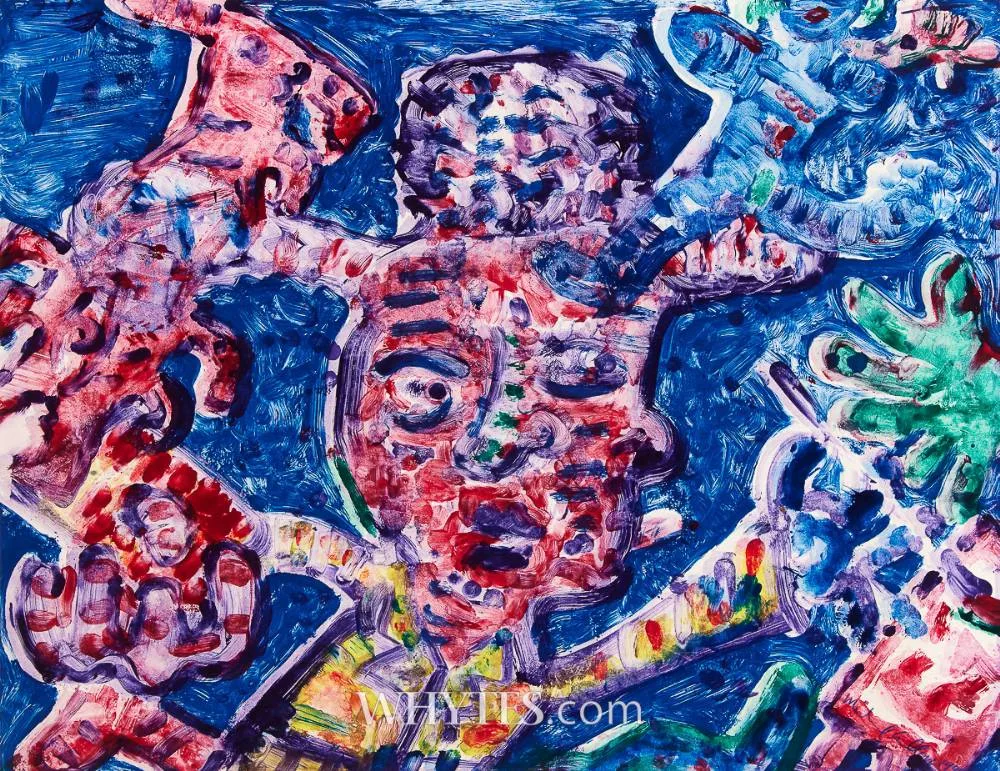 MAN WITH A HAT by Michael Cullen, 1990, mixed media, offered May 2025