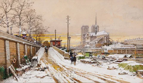 Eugène Galien-Laloue, VIEW OF NOTRE-DAME FROM QUAI DE LA TOURNELLE, PARIS, watercolour and gouache