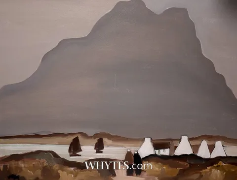 Markey Robinson, FIGURES AND COTTAGES BY A LAKE AND MOUNTAIN, oil on board