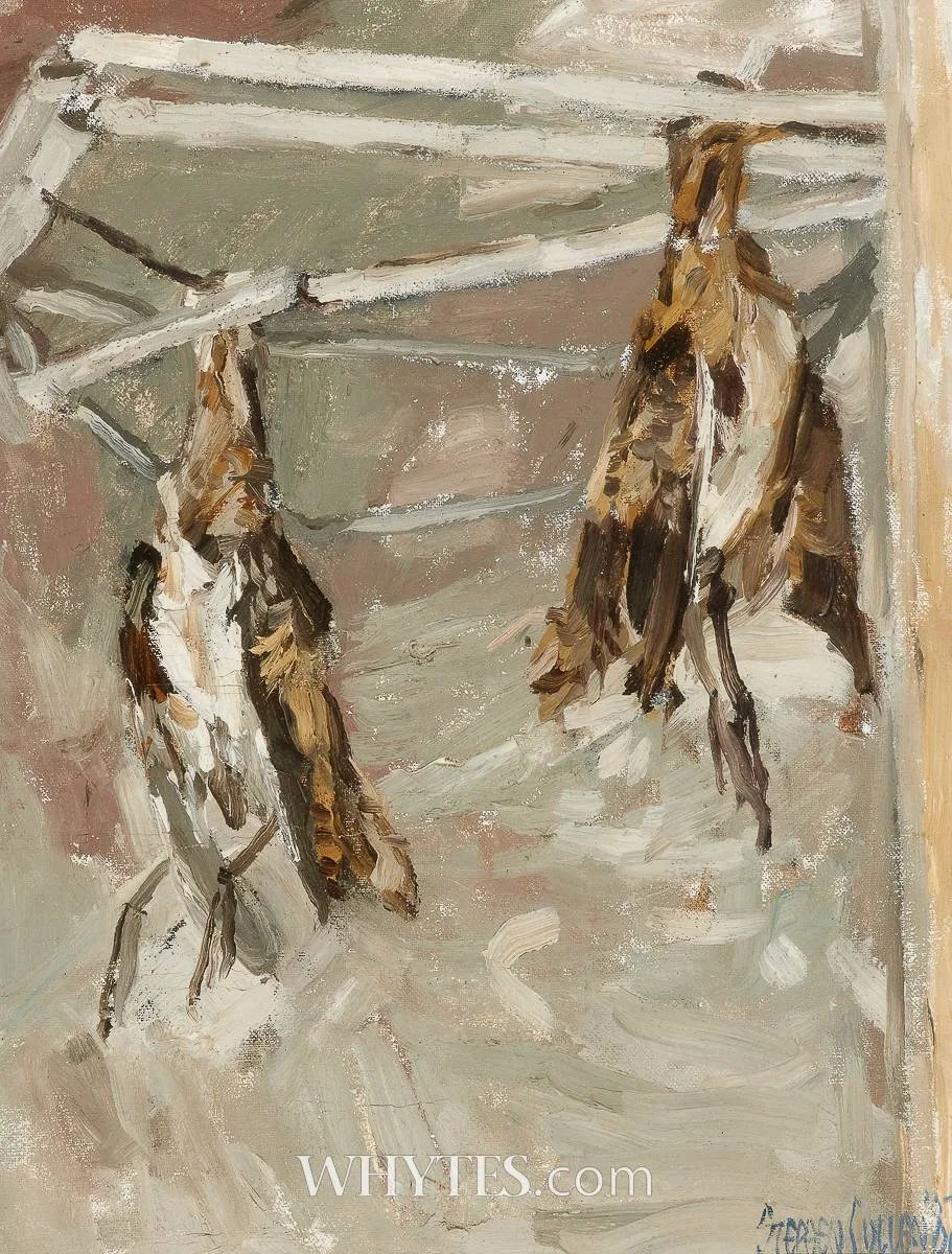 HANGING GAME BIRDS by Stephen Cullen, 1987, oil on canvas, offered Mar 2025