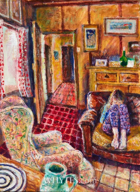 Sarah Longley, HARRIS INTERIOR WITH AMELIA, 2024, oil on board
